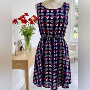 Paper Plane London| Navy Blue Abstract Patterned Knee Length Silky Dress Sz S/M